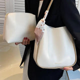 Female Stylish Soft Leather Tote Bag with Silk Scarf Decoration