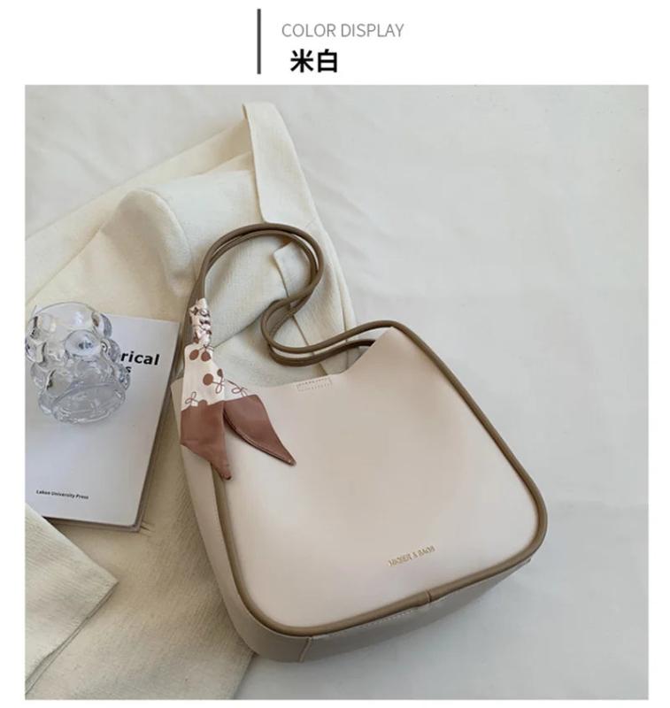 Female Stylish Soft Leather Tote Bag with Silk Scarf Decoration