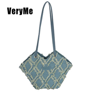 Leather And Cloth Handbag For Women All-Match Female Shoulder Bag