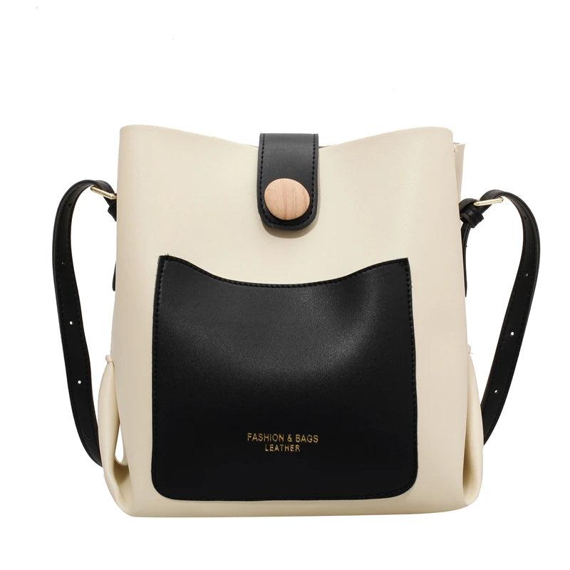 PU Leather Bucket Shoulder Bag Contrast Messenger Female Crossbody Handbag