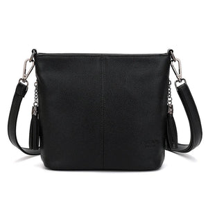 2 Straps PU Leather Shoulder Bags for Women Bucket Tassel Soild Women Messenger