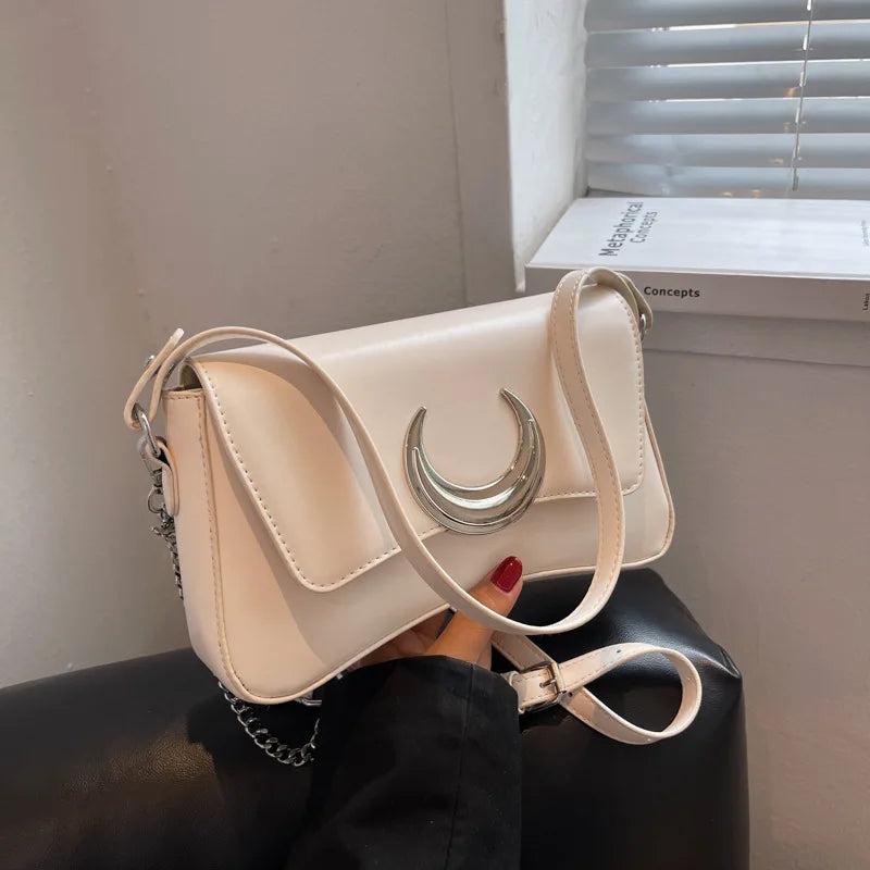 Women Leather Armpit Bag Chain Crossbody Handbag Arc Bag