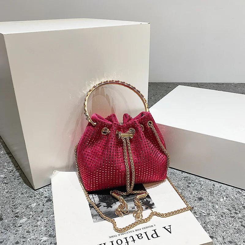 Round Handle Rhinestone Bucket Bag for Women