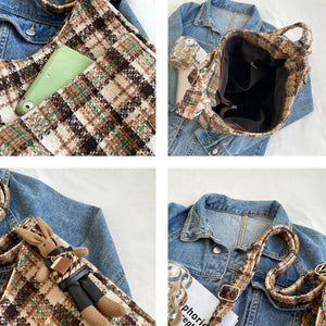 Wool Knitting Large Capacity Women Handbag Winter Checker Shoulder Bag