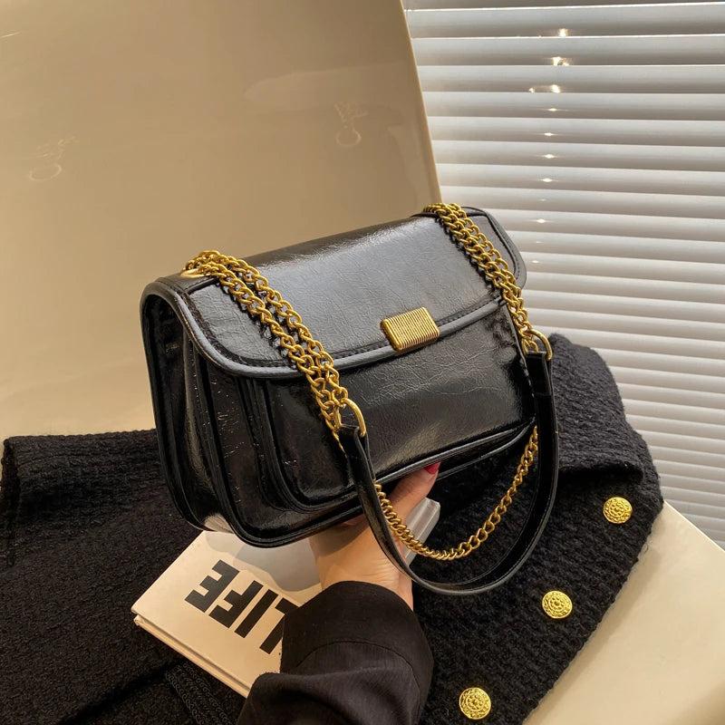 Vintage PU Leather Crossbody Bag with Chains Shoulder Strap