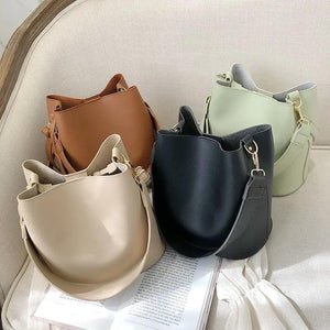 2-piece Set PU Leather Women's Handbags Casual Tote Bucket Shoulder Crossbody Ba