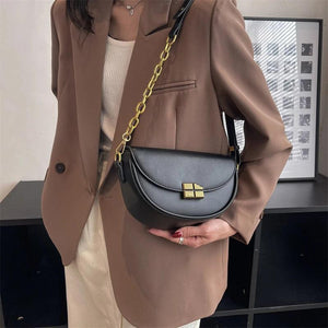 High Leather Solid Saddle Bag Women Shoulder Crossbody Flap Hand