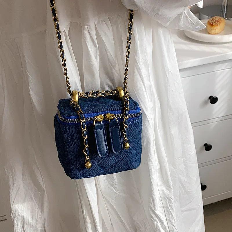 Denim Rhombus Chain Shoulder Bag Compact Portable Handbag