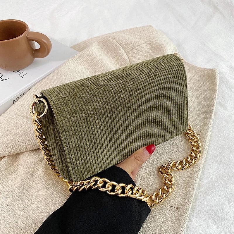 Corduroy Chain Shoulder Bag for Women Small Handbag Square Pouch