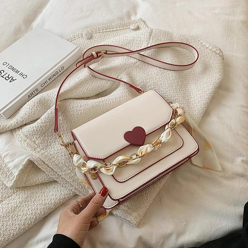 Ribbon Chain PU Leather Crossbody Bag for Women Shoulder Bag Purse Handbag