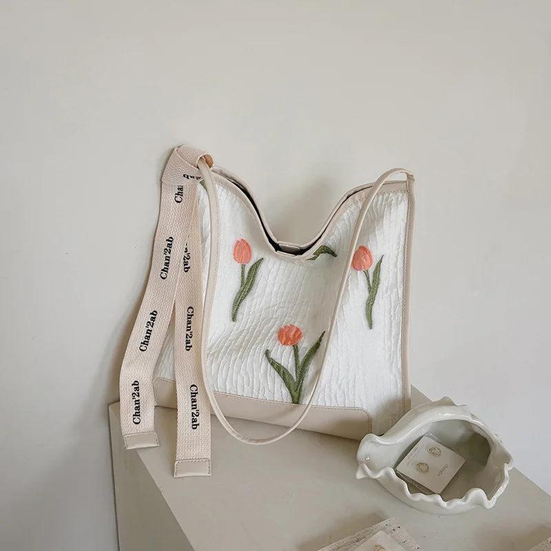 Casual Jacquard Tote Bag with Tulip Flowers Embroidery