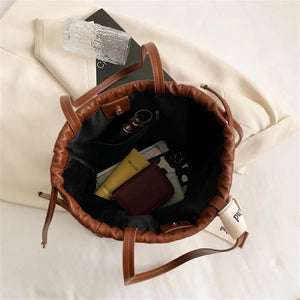 Ribbons Women's Bucket Handbags Vintage PU Leather Shoulder Bags for Women