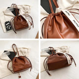 Ribbons Women's Bucket Handbags Vintage PU Leather Shoulder Bags for Women