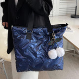 Embossed Striped Women's Padded Shopper Bag Cotton Shoulder Handbag
