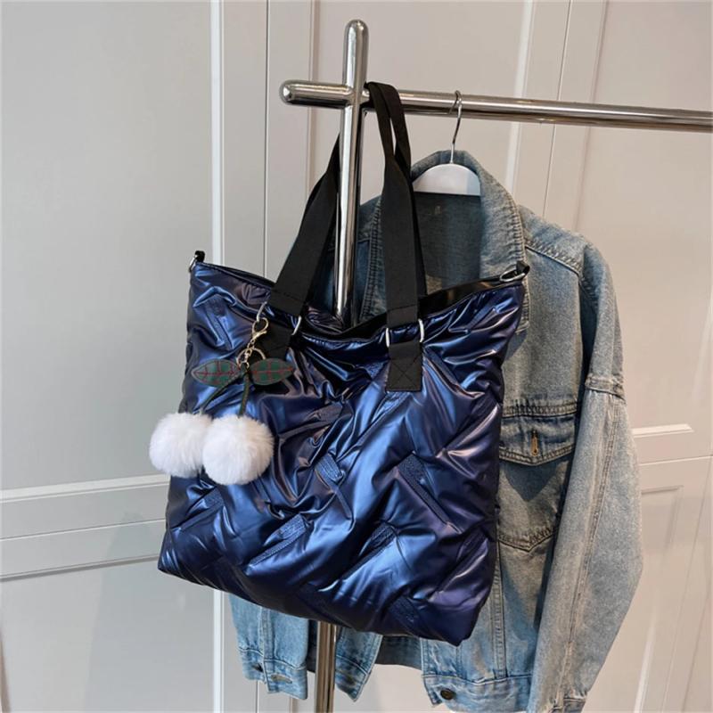 Embossed Striped Women's Padded Shopper Bag Cotton Shoulder Handbag