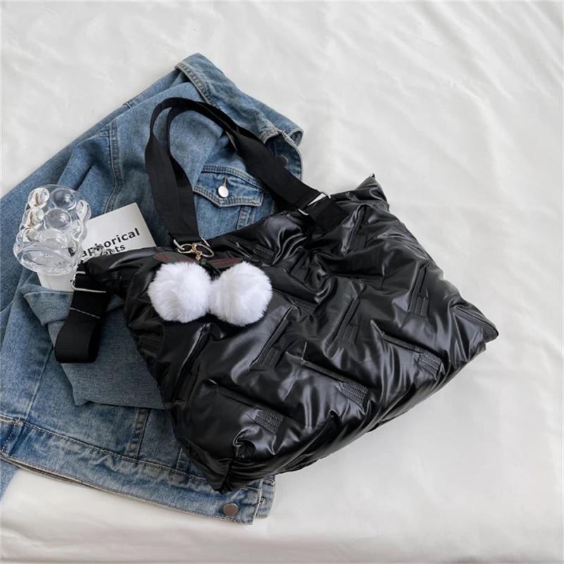 Large Capacity Women Down Fabric Shoulder Crossbody Bags with Hair Ball Purses
