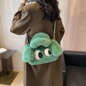 Big Eyed Puppy Shoulder Bag Soft Plush Handbag Purse Cartoon Style