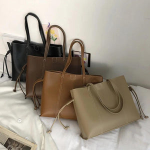 Stylish Drawstring Shoulder Bag High Capacity Tote Bag Ladies Soft PU Leather