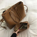 Stylish Drawstring Shoulder Bag High Capacity Tote Bag Ladies Soft PU Leather