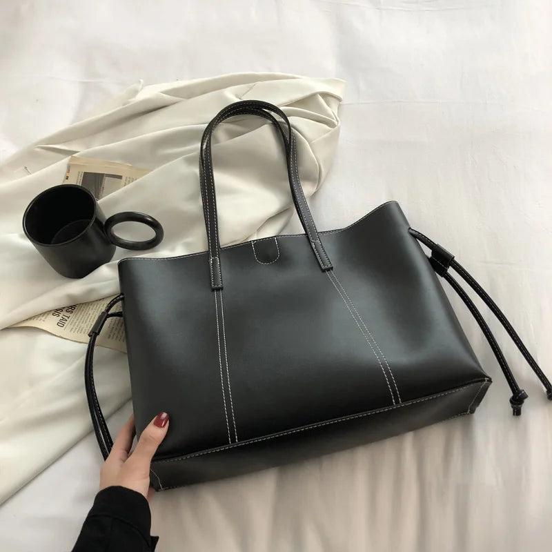 Stylish Drawstring Shoulder Bag High Capacity Tote Bag Ladies Soft PU Leather
