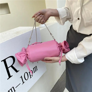Funny Candy Women Bag Leather Shoulder Bag Chain Pleated Barrel Messenger
