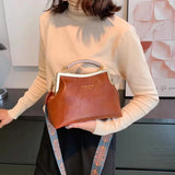 Vintage Women Handbag PU Leather Messenger Bags Wide Straps Female Shells