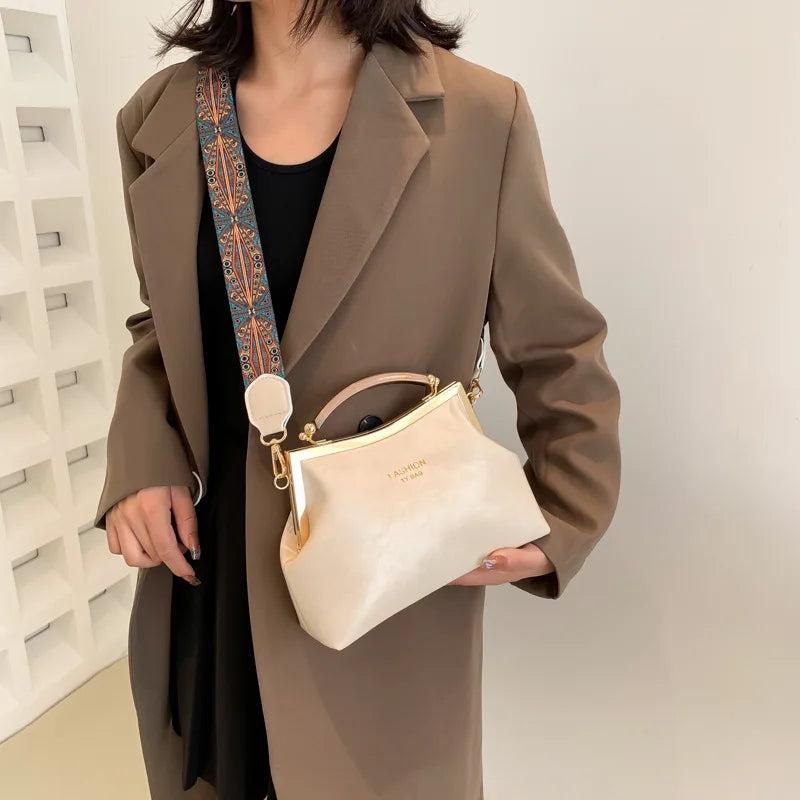 Vintage Women Handbag PU Leather Messenger Bags Wide Straps Female Shells