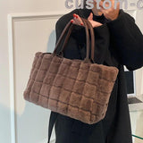 Plaid Shoulder Bags for Women Winter Faux Fur Shopper Bags