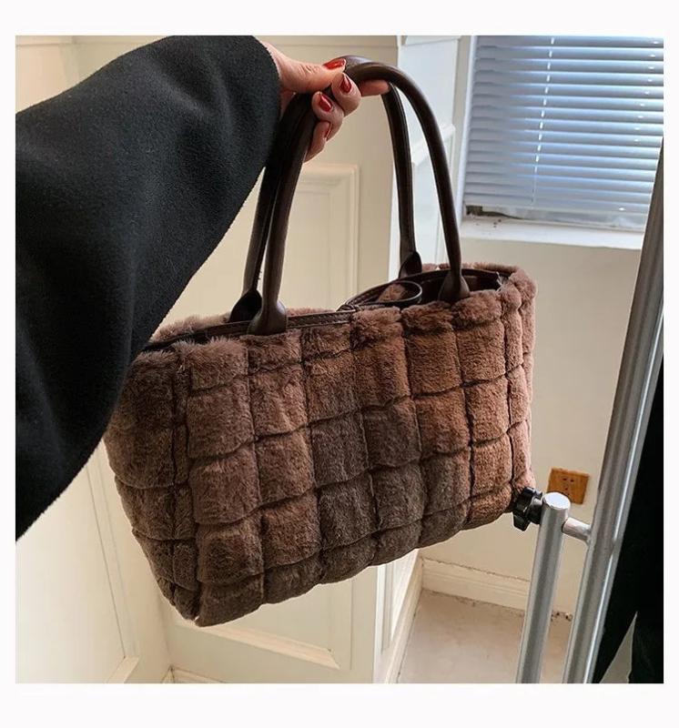 Plaid Shoulder Bags for Women Winter Faux Fur Shopper Bags