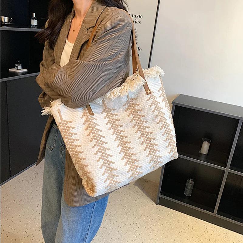 Large Tote Handbags Cotton Woven Shoulder Bags Tassel Shopper Purse
