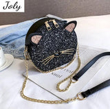 Glitter Circular Shoulder Bag for Girls, Small Crossbody Cat Handbag
