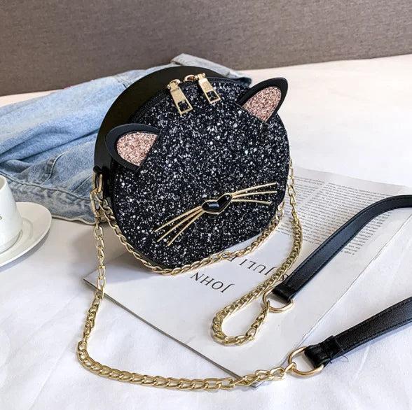 Glitter Circular Shoulder Bag for Girls, Small Crossbody Cat Handbag