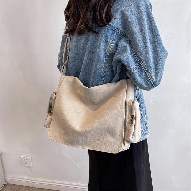 Large Canvas Shoulder Bag Schoolbag Crossbody Purse for Teenagers