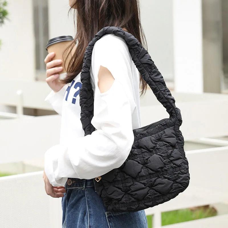 Quilted Nylon Shoulder Bag for Women Padded Lady Handbag Crossbody Tote Purse