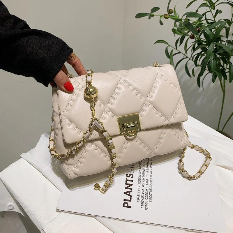 Quilted Chain Strap Shoulder Bag PU Leather Crossbody Bag