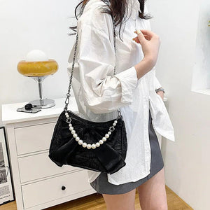 Summer Pearls Chains Shoulder Bag Flap Crossbody Purse Lady Messenger Handbag