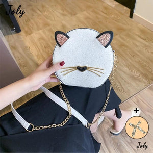 Cat Glitter Circular Shoulder Bag, White Girls Shoulder Bag