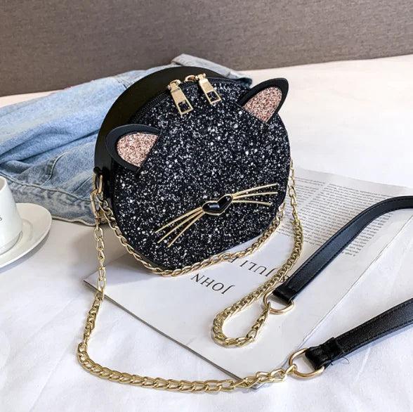 Cat Glitter Circular Shoulder Bag, White Girls Shoulder Bag