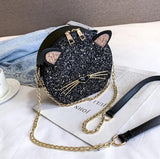 Cat Glitter Circular Shoulder Bag, White Girls Shoulder Bag