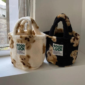 Winter Leopard Plush Bucket Bag Women Handbag Faux Fur