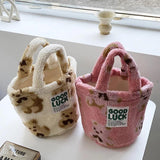 Winter Leopard Plush Bucket Bag Women Handbag Faux Fur