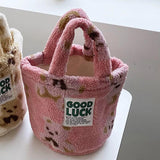 Winter Leopard Plush Bucket Bag Women Handbag Faux Fur