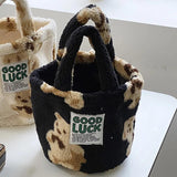 Winter Leopard Plush Bucket Bag Women Handbag Faux Fur