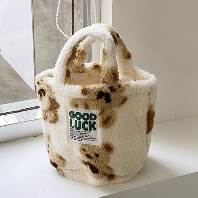 Winter Leopard Plush Bucket Bag Women Handbag Faux Fur