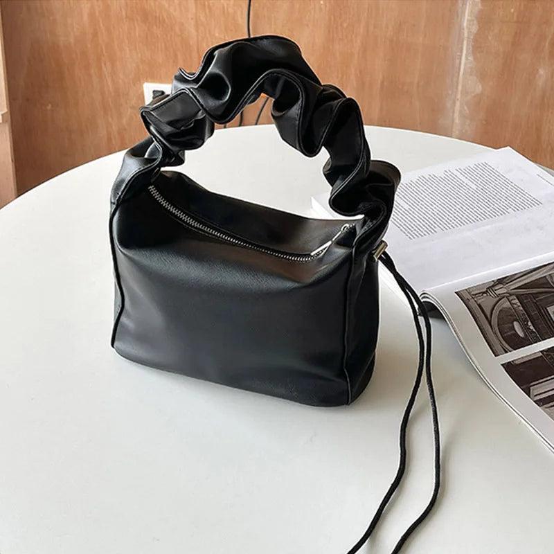 Soft Leather Shoulder Bag Pleated Underarm Zipper Handbag