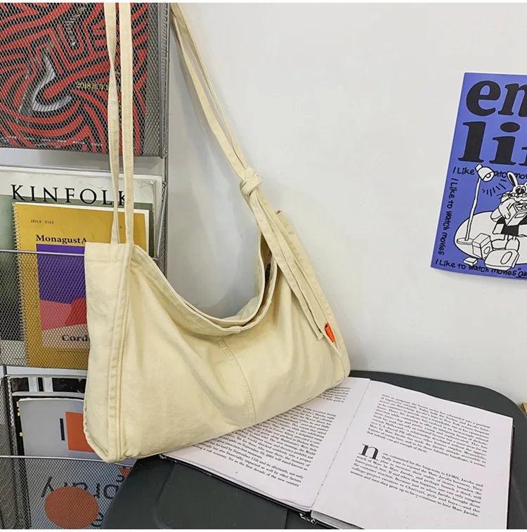 Canvas Textile Green Shoulder Bag Y2K Grunge Korea School Book Laptop