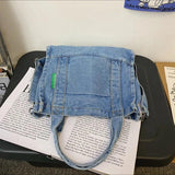 Female Denim Fabric Short Handle Tote Bag Student 90s Y2k Grunge Square Crossbod