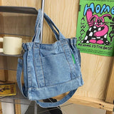 Female Denim Fabric Short Handle Tote Bag Student 90s Y2k Grunge Square Crossbod