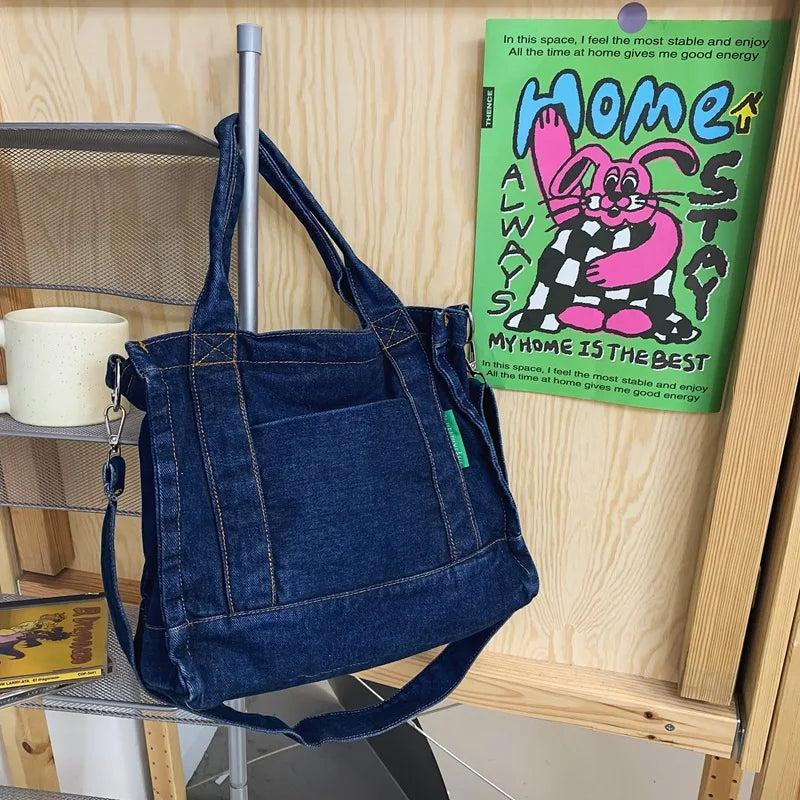 Female Denim Fabric Short Handle Tote Bag Student 90s Y2k Grunge Square Crossbod