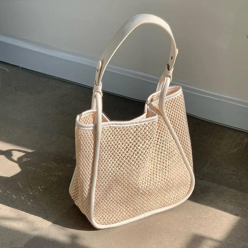 Summer Straw Women's Handbag Large Shoulder Bag Patchwork Beach Bag Tote